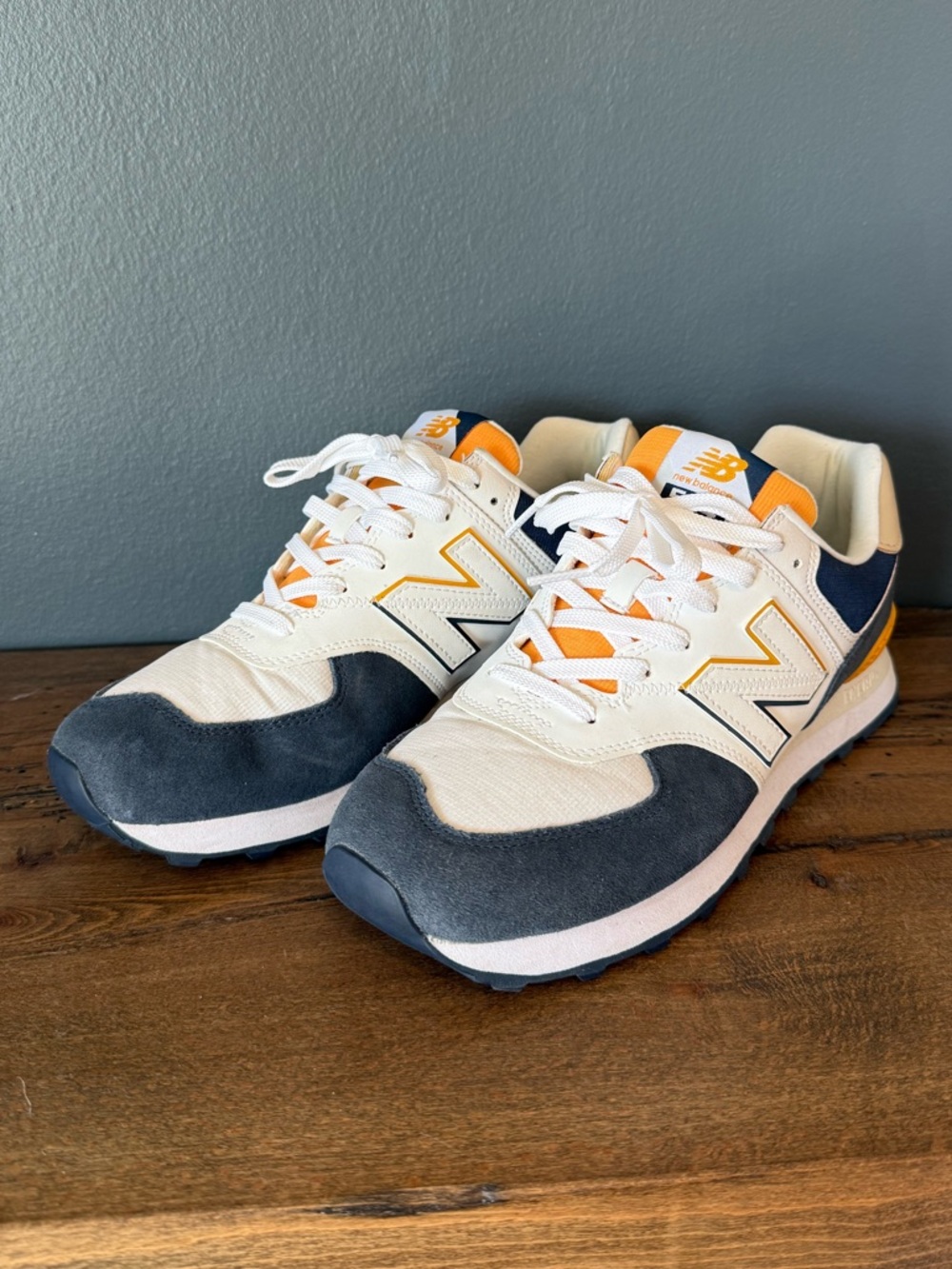 New Balance Men’s 574 White, Navy, Yellow Sneakers